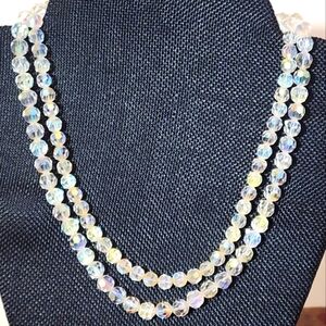 Vintage Crystal Aurora Borealis AB Bead Double Strand Necklace Choker 17" Heavy